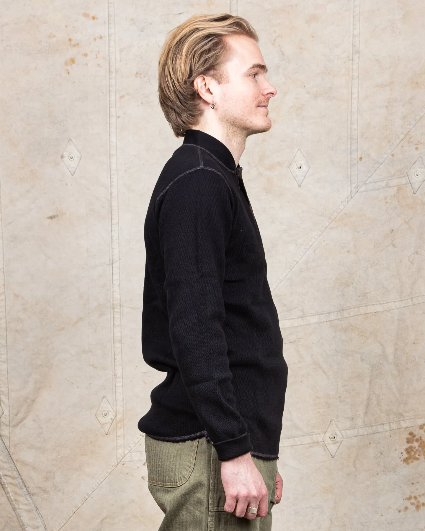 Buzz Rickson Long Sleeve Thermal Henley Shirt Black
