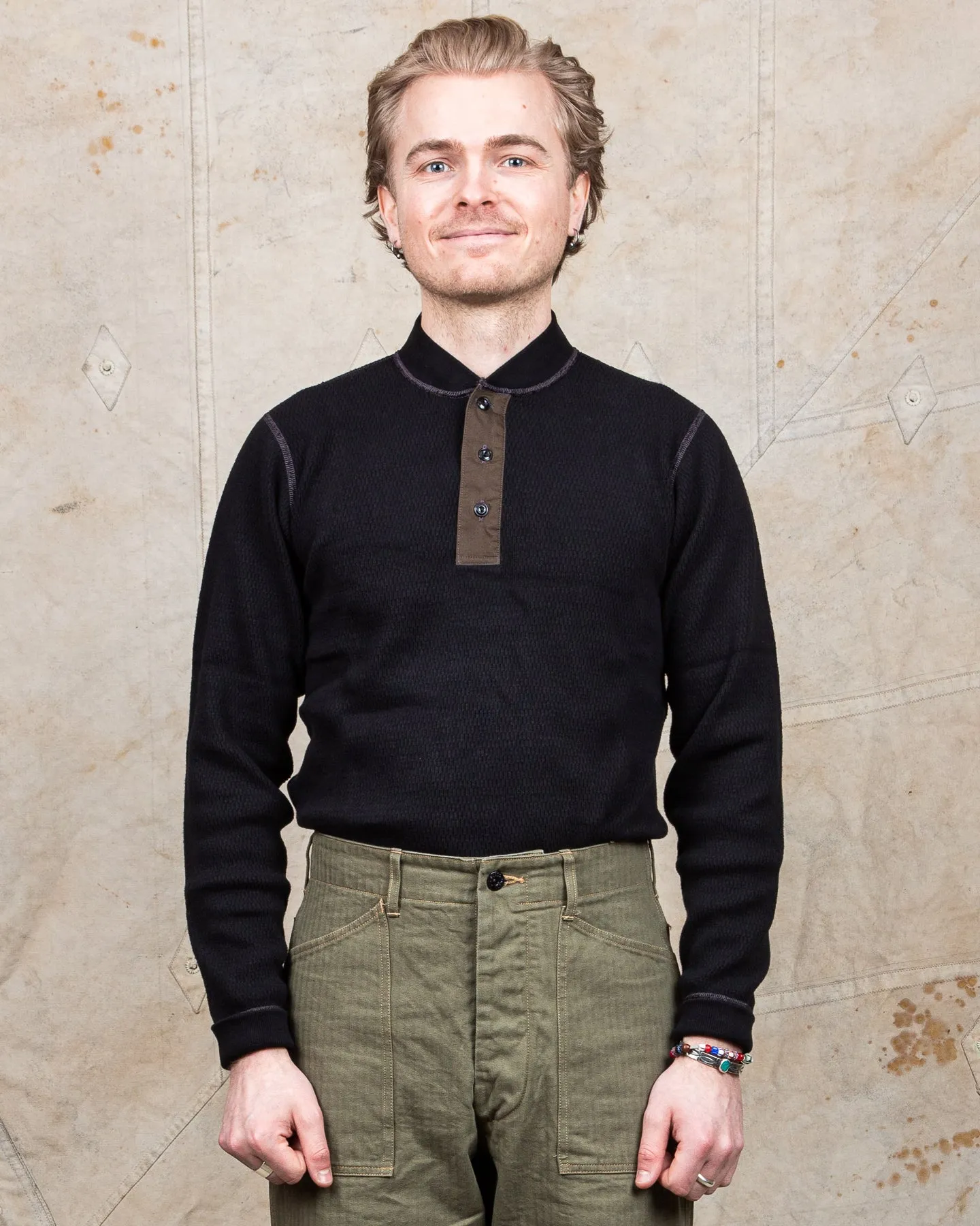 Buzz Rickson Long Sleeve Thermal Henley Shirt Black