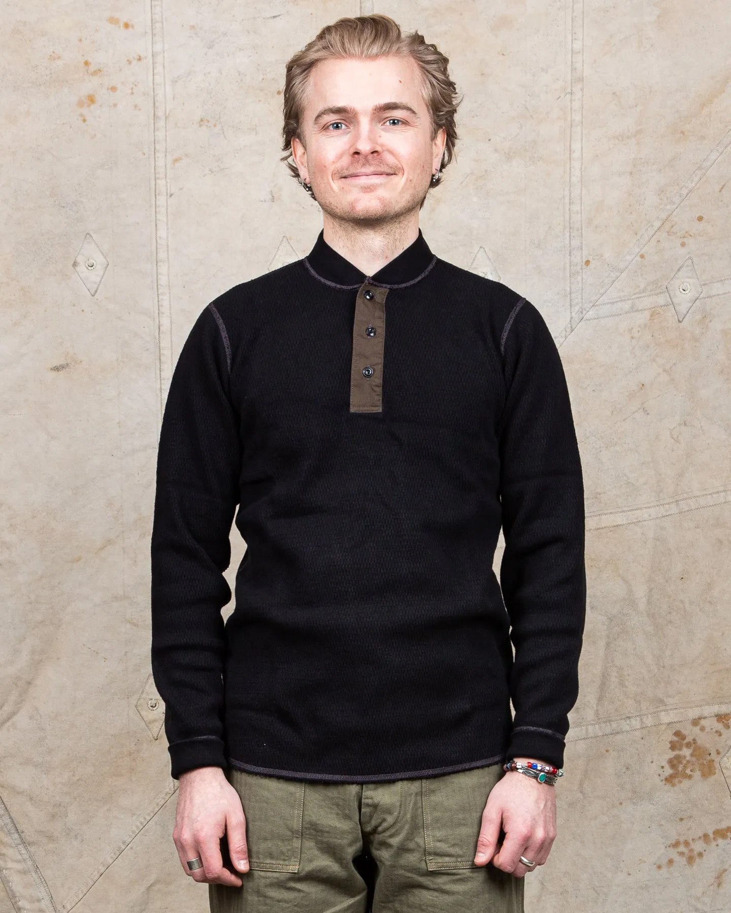 Buzz Rickson Long Sleeve Thermal Henley Shirt Black