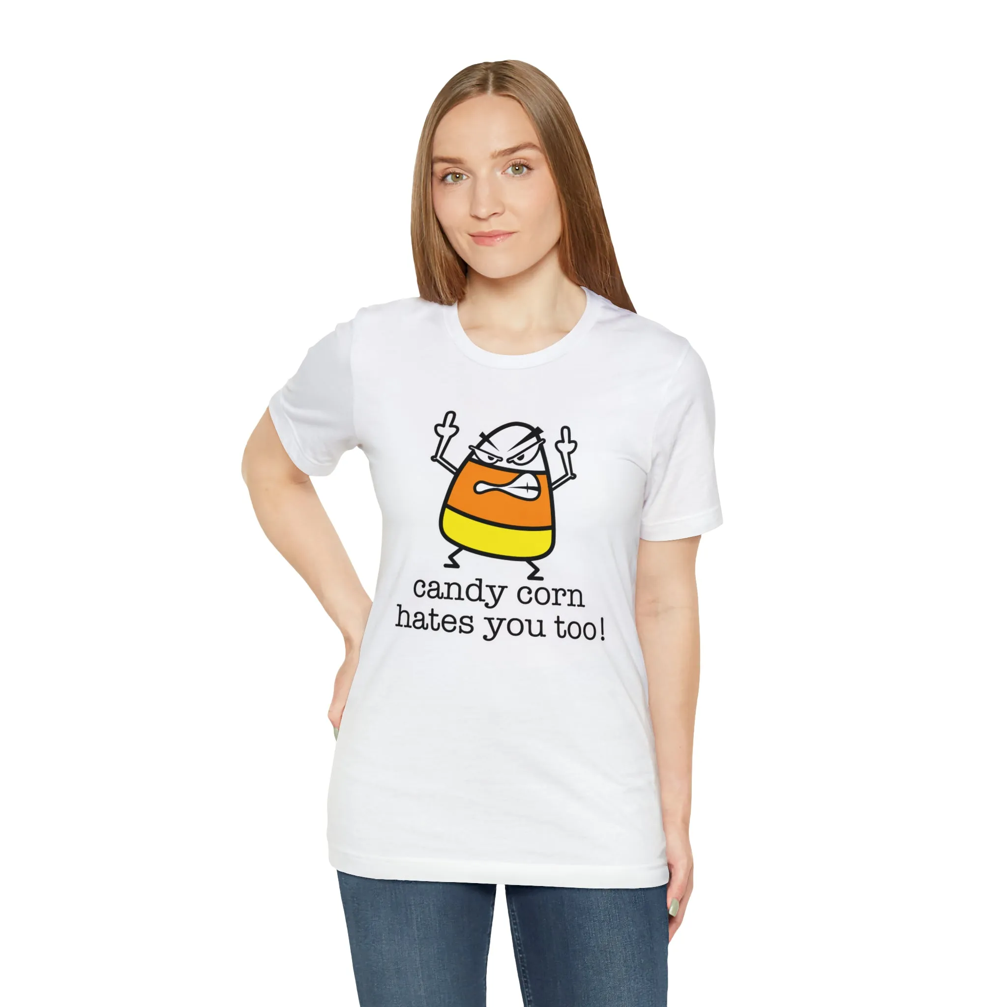 Candy corn hates you too Unisex Jersey Short Sleeve Tee