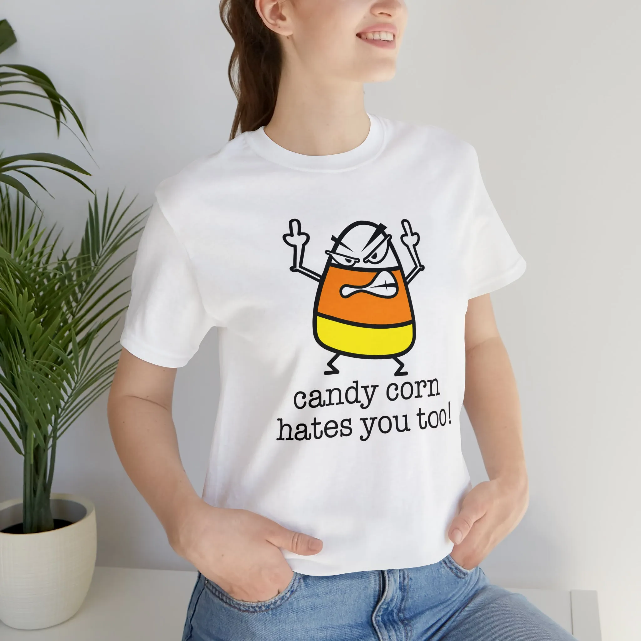 Candy corn hates you too Unisex Jersey Short Sleeve Tee