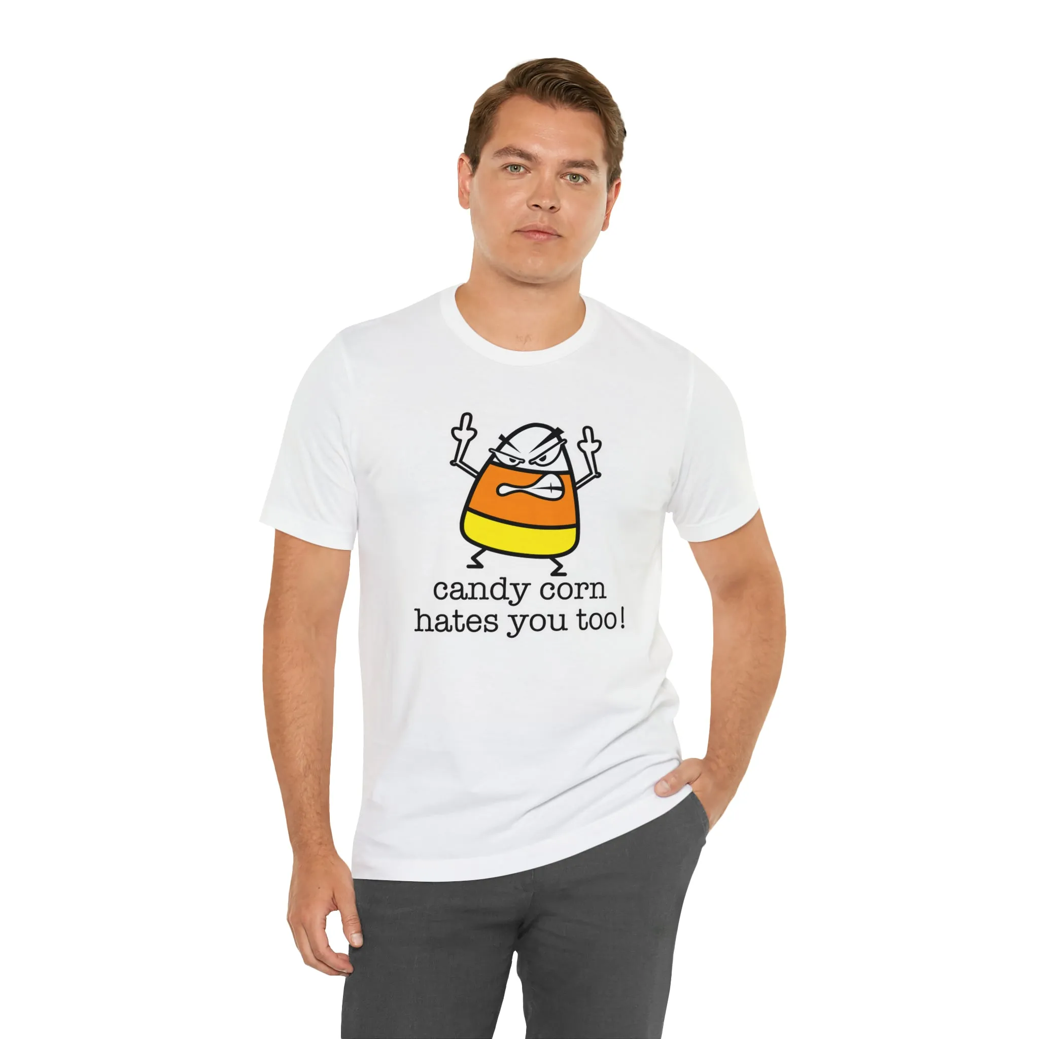 Candy corn hates you too Unisex Jersey Short Sleeve Tee