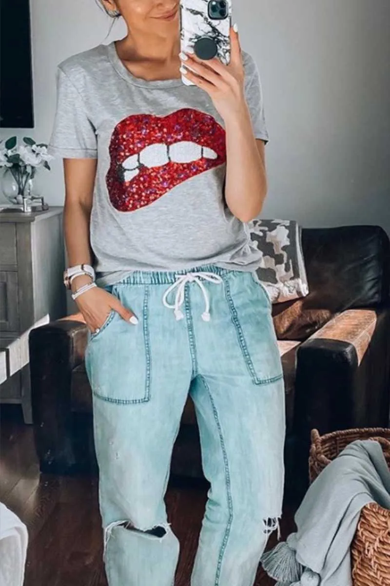 Carton Print Short Sleeve Tops
