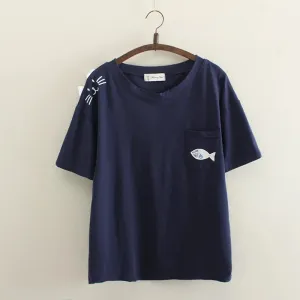 Cat and Fish Short Sleeved T Shirt