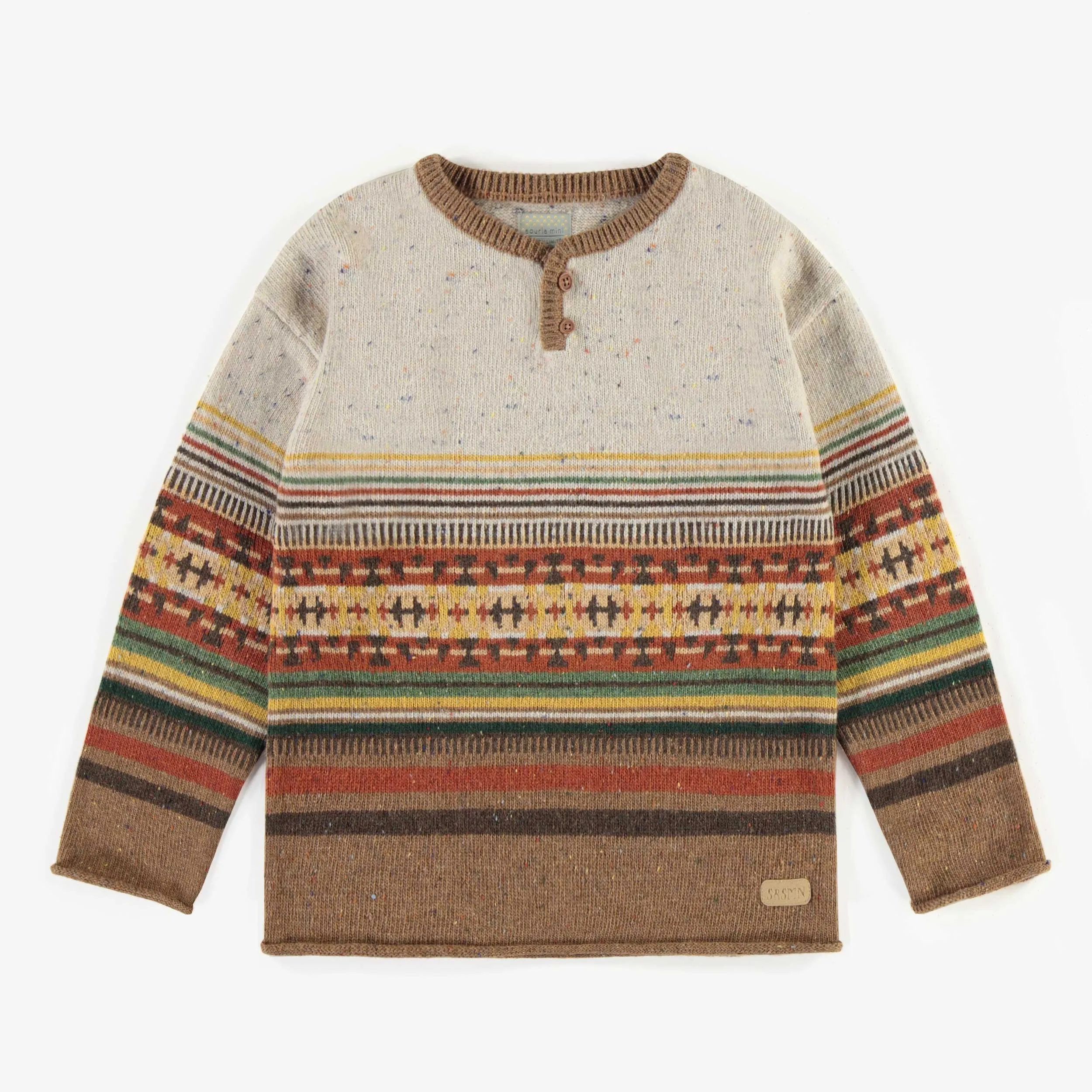 Chandail de maille brun ligné, enfant || Brown striped crewneck in knitwear, child