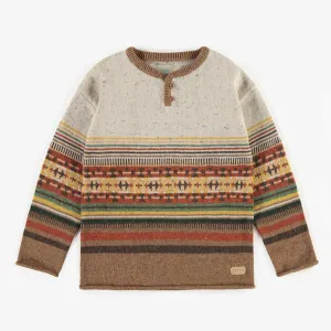 Chandail de maille brun ligné, enfant || Brown striped crewneck in knitwear, child