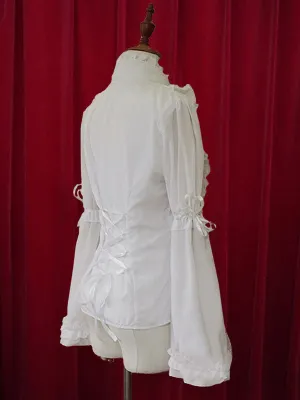 Chiffon Lolita Blouse Long Hime Sleeves Stand Collar Ruffles Lace Up