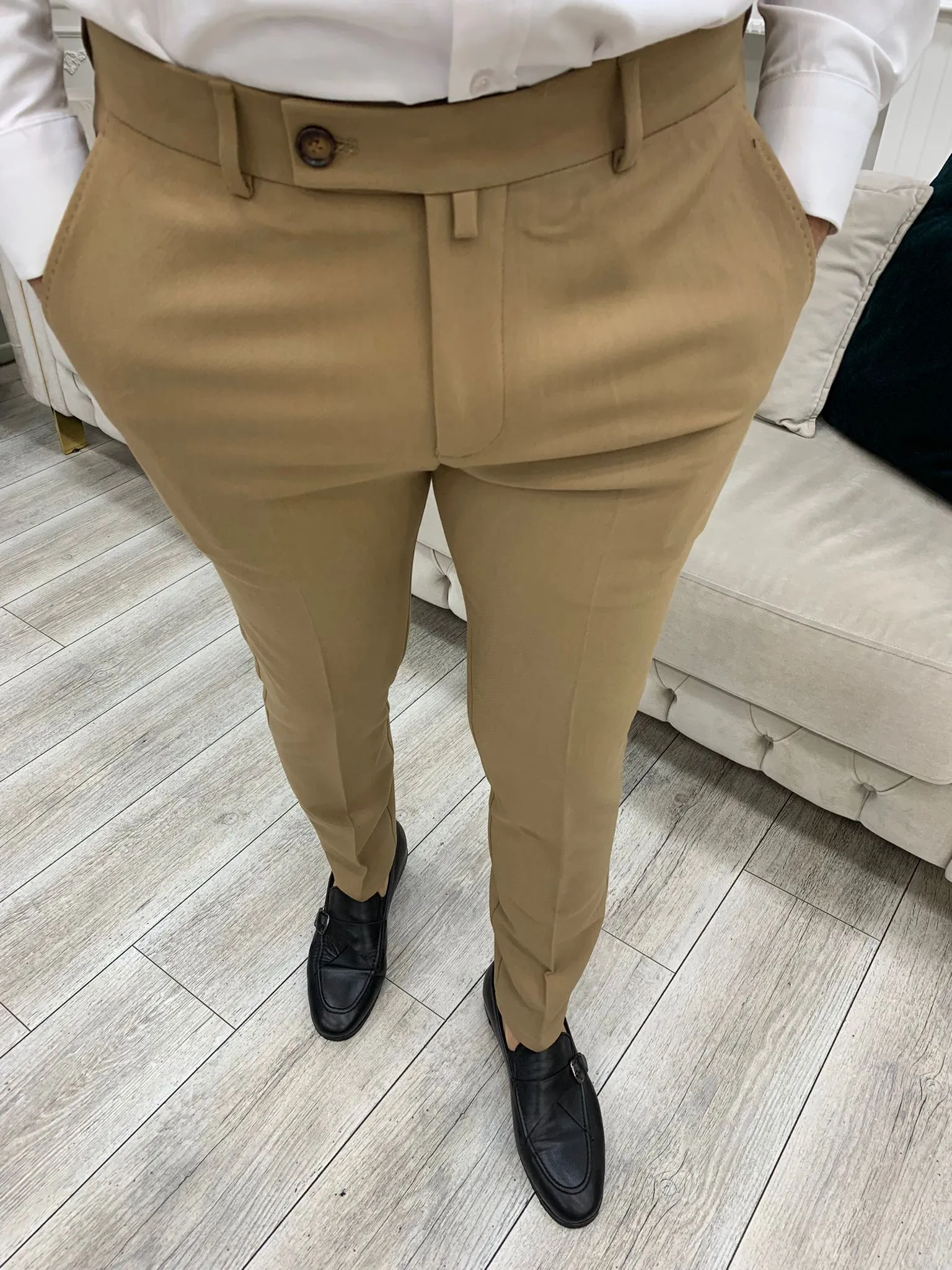 Cream Italian Style Slim Fit Trousers for Men