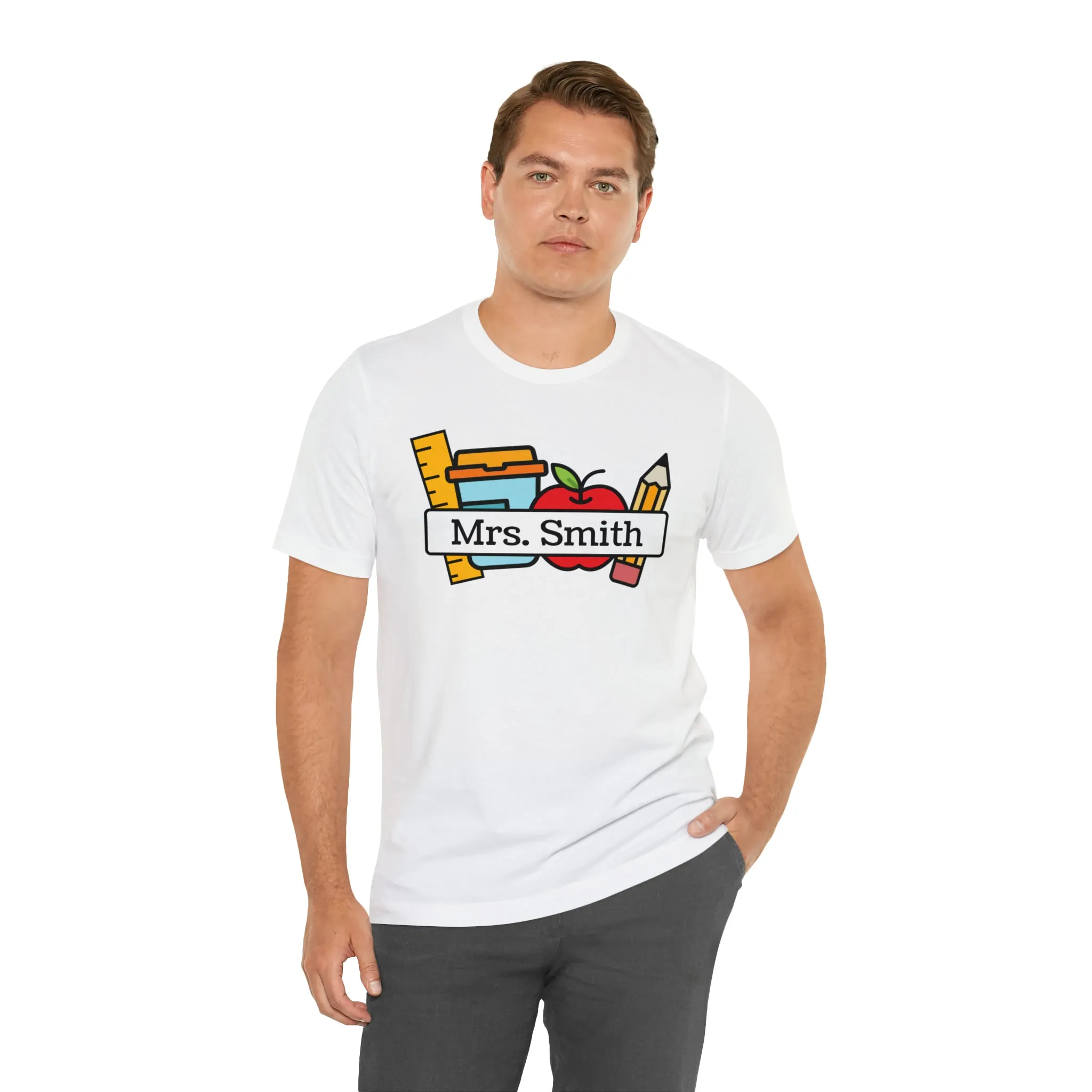 CUSTOM Teacher Personalized T-Shirt | Teacher's School Supplies Tee |  Bella Canvas 3001 Unisex | School Days Short Sleeve Tshirt