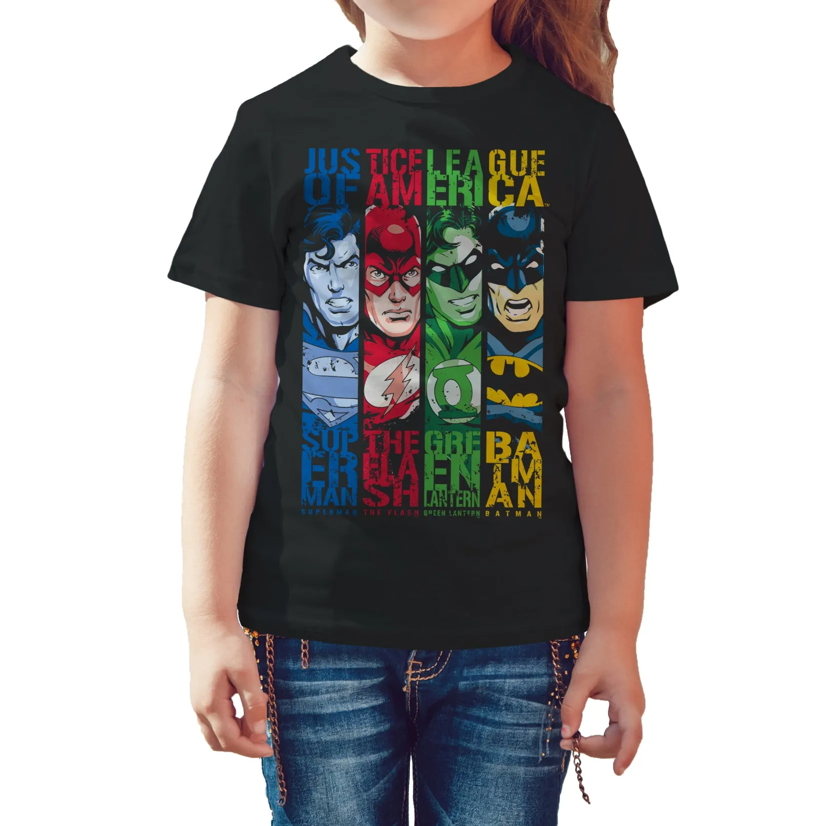 DC Comics Justice League Stripped Official Kid's T-Shirt (Black)