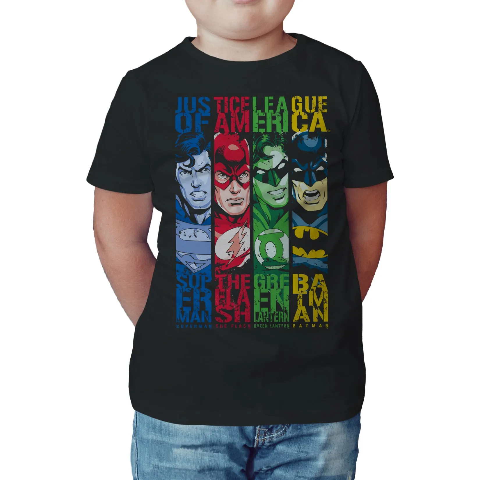 DC Comics Justice League Stripped Official Kid's T-Shirt (Black)
