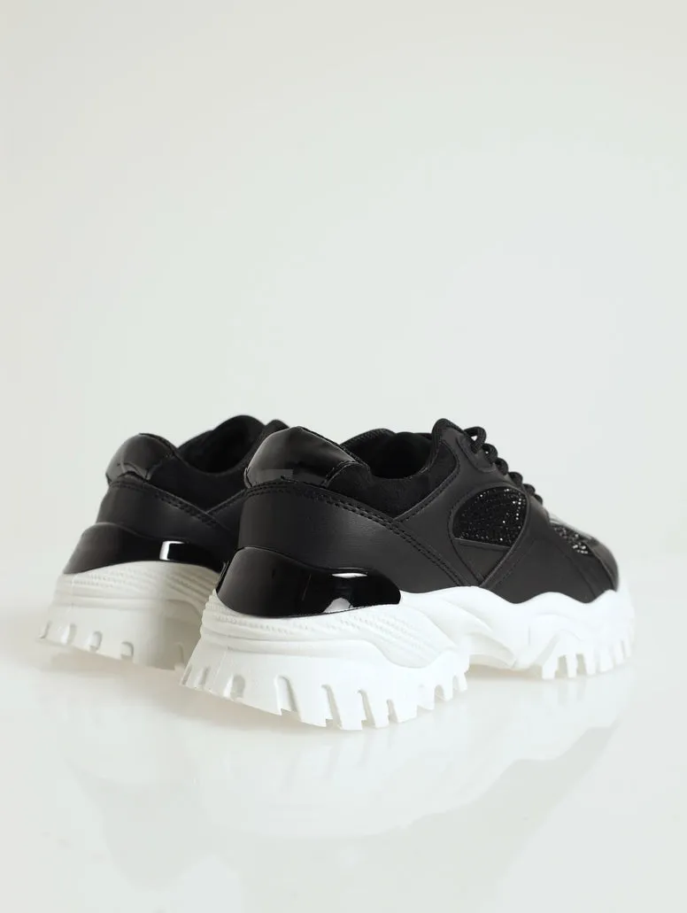 Diamante Chunky Trainer With Heel Insert - Black