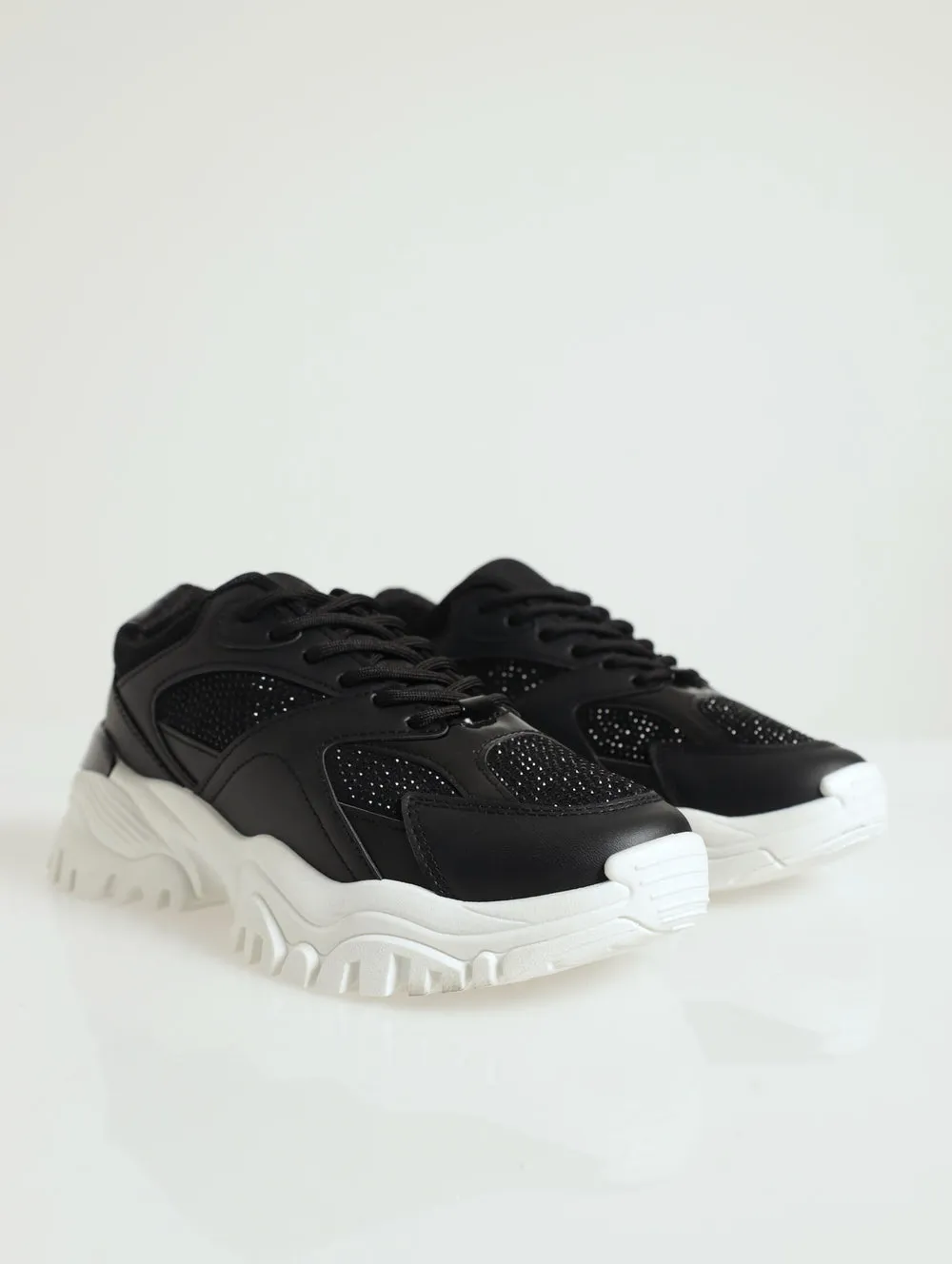 Diamante Chunky Trainer With Heel Insert - Black