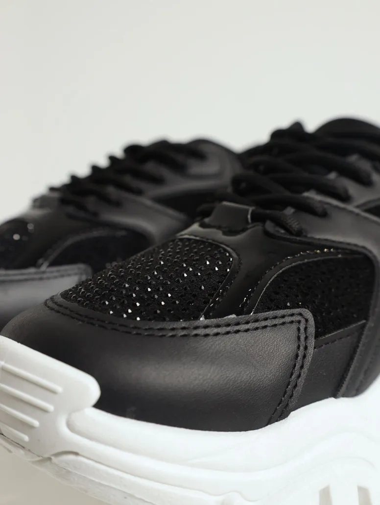 Diamante Chunky Trainer With Heel Insert - Black