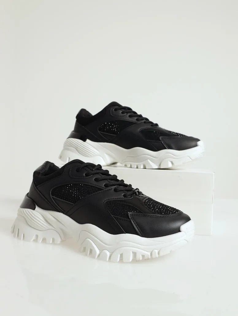 Diamante Chunky Trainer With Heel Insert - Black