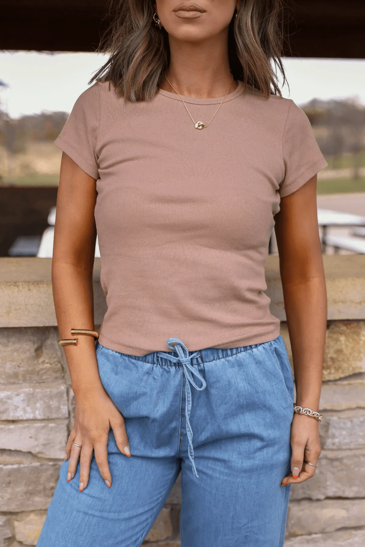 Everyday Cozy Ribbed Short Sleeve T-Shirt- Taupe