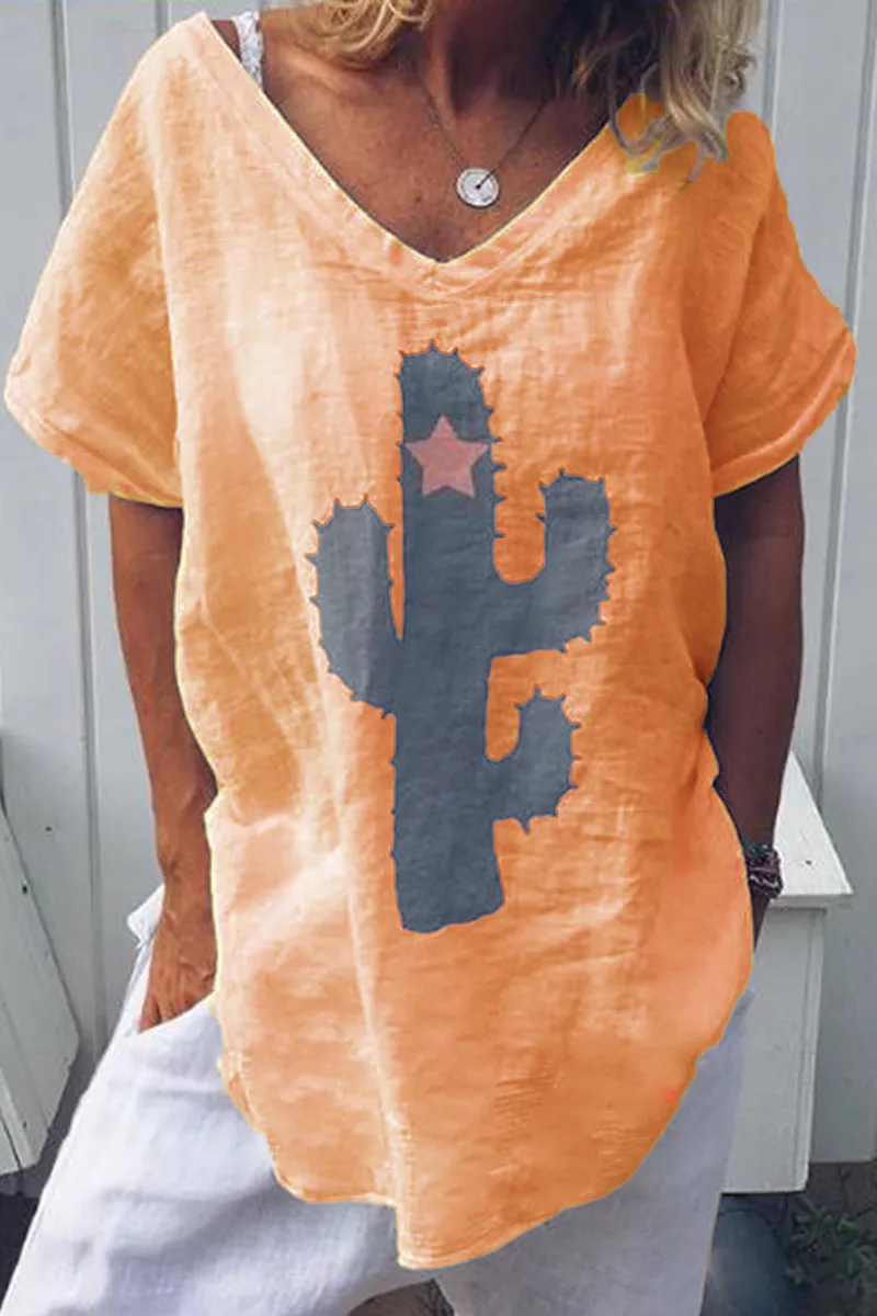 Fashion Print Split Joint V Neck T-Shirts