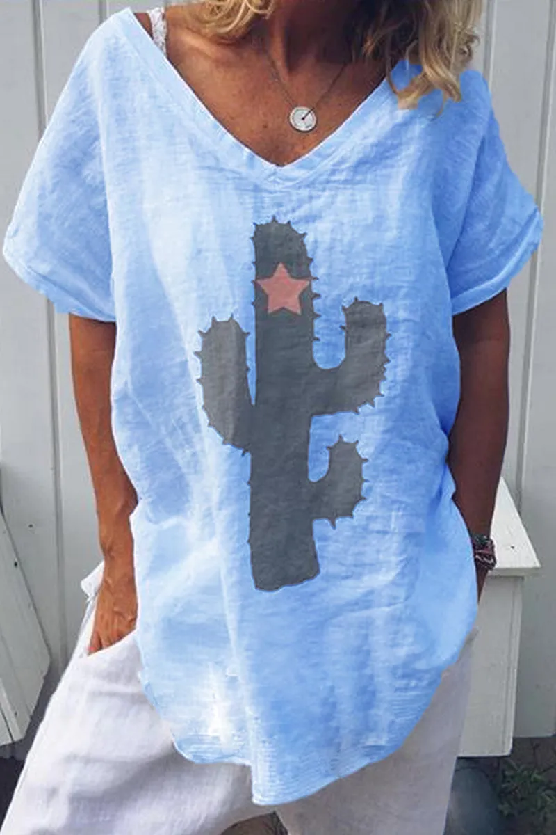 Fashion Print Split Joint V Neck T-Shirts