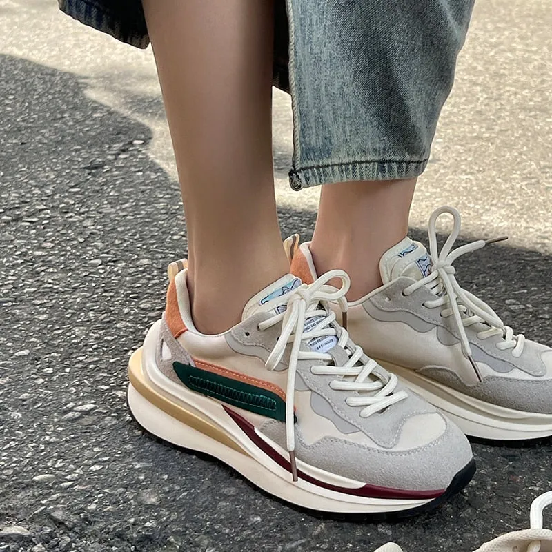 Fashion Women Genuine Leather Sneakers Mixed Platform