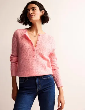 Flauschiger Henley-Pointelle-Pullover-Dahlienrosa