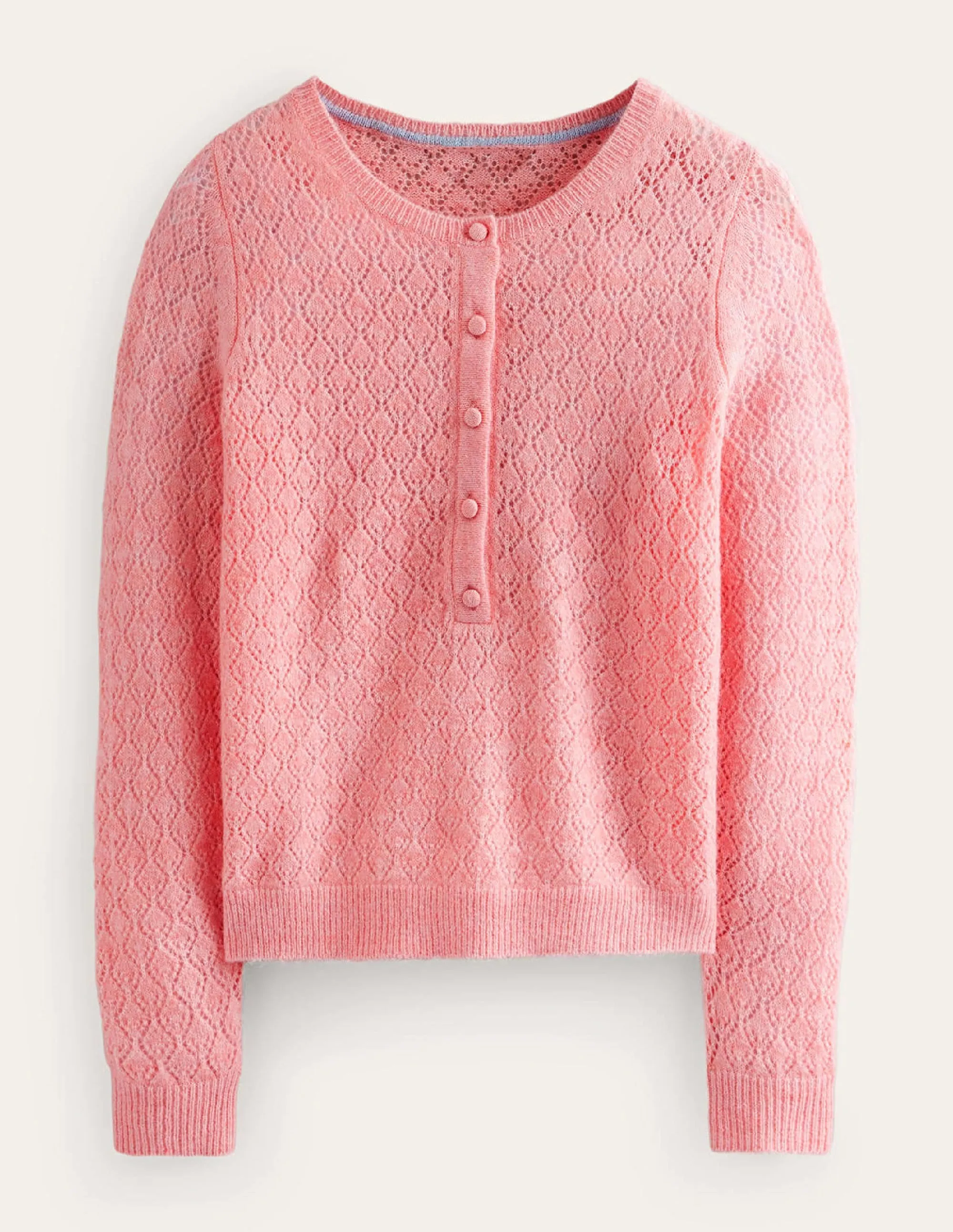 Flauschiger Henley-Pointelle-Pullover-Dahlienrosa