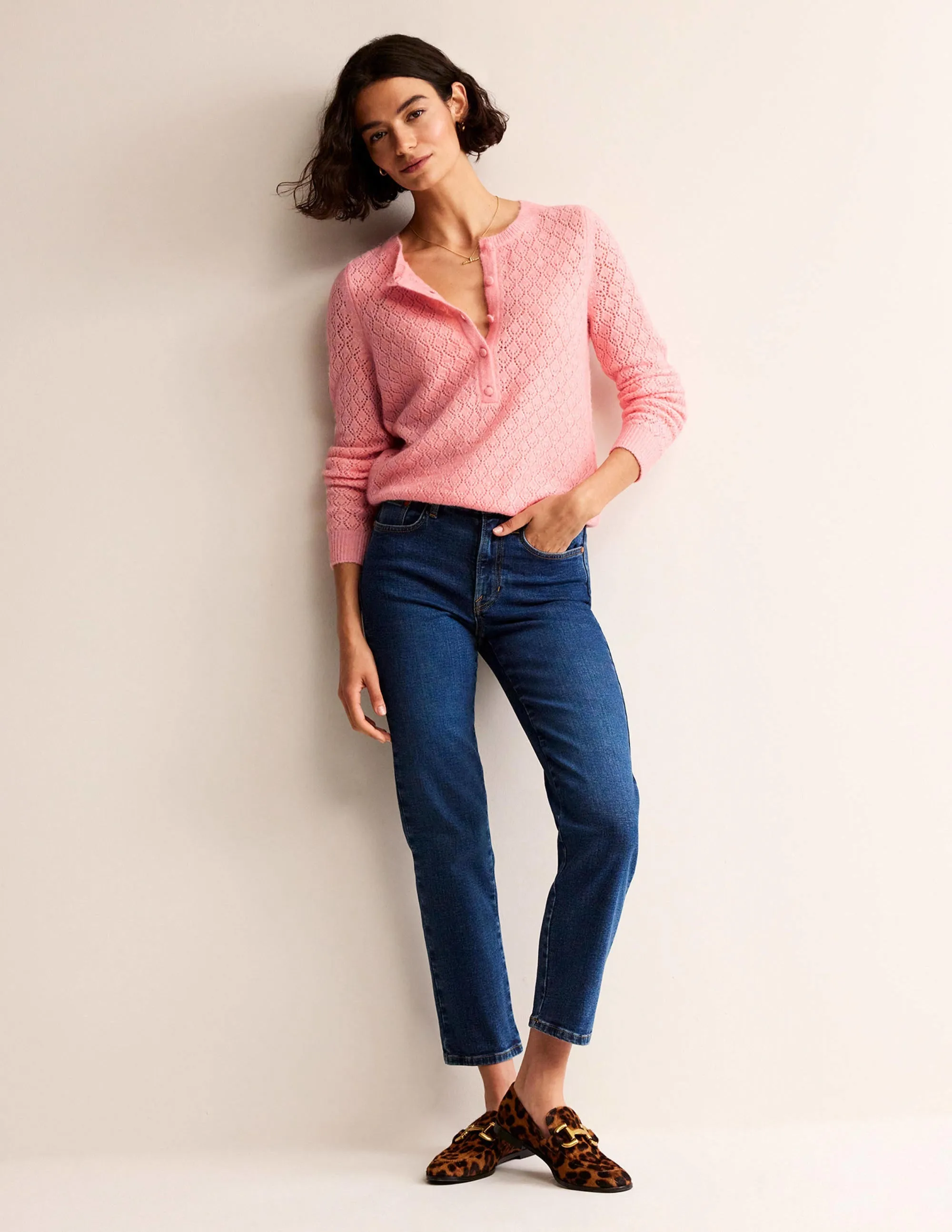 Flauschiger Henley-Pointelle-Pullover-Dahlienrosa