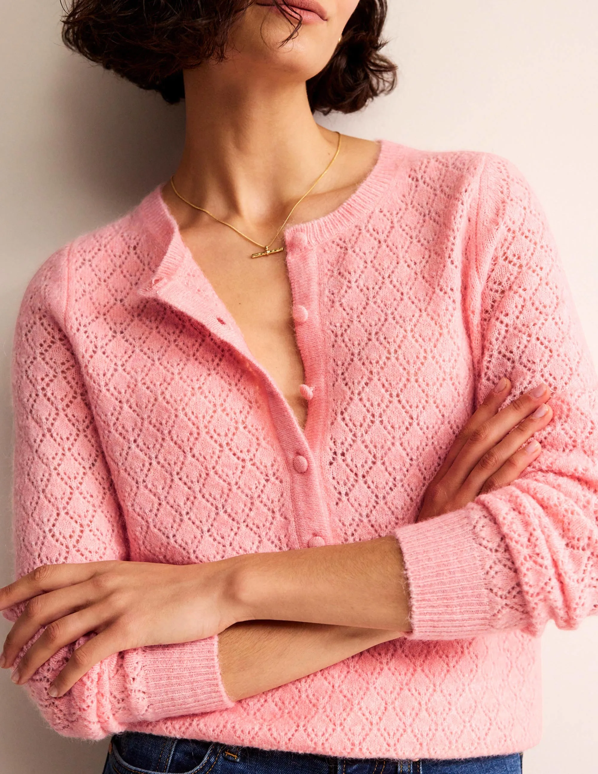 Flauschiger Henley-Pointelle-Pullover-Dahlienrosa