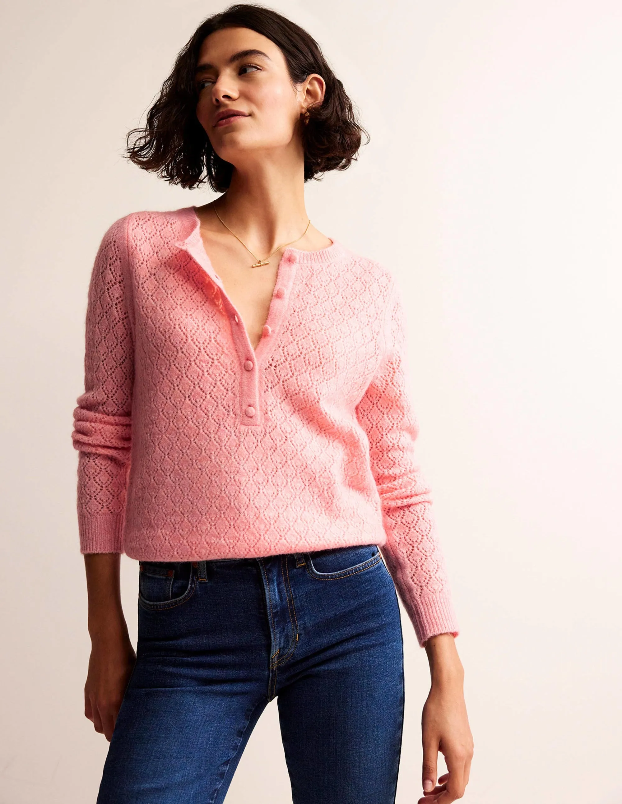 Flauschiger Henley-Pointelle-Pullover-Dahlienrosa