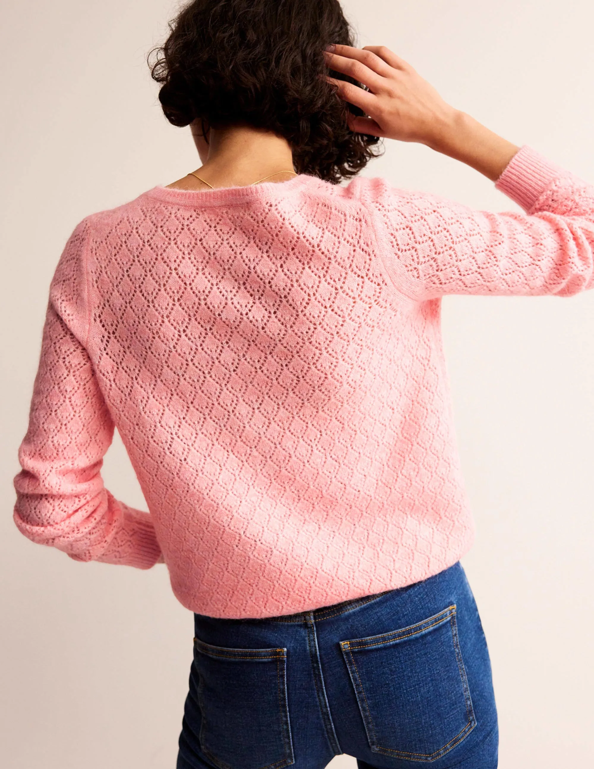 Flauschiger Henley-Pointelle-Pullover-Dahlienrosa