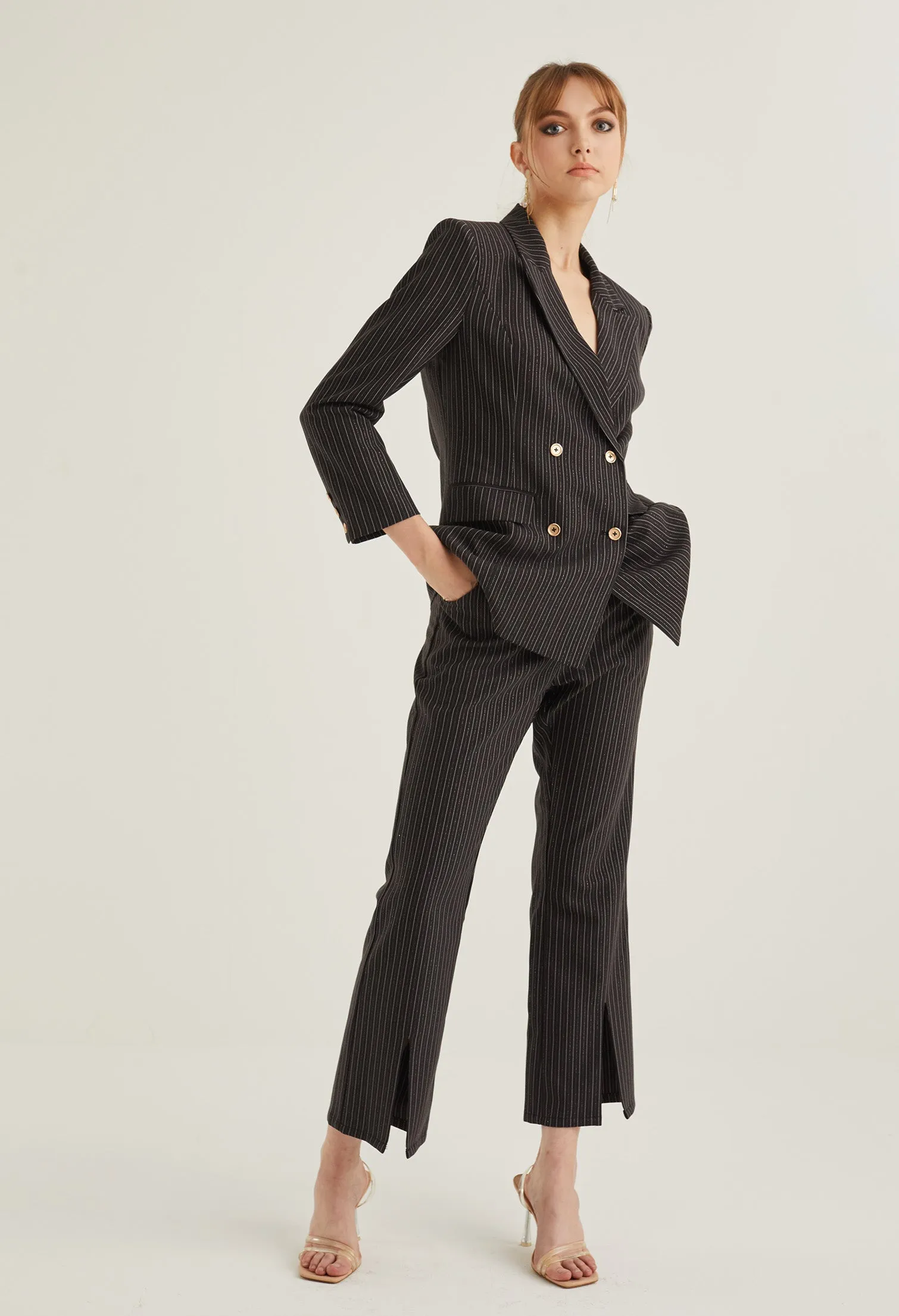 Front Slit Striped Smart Trousers