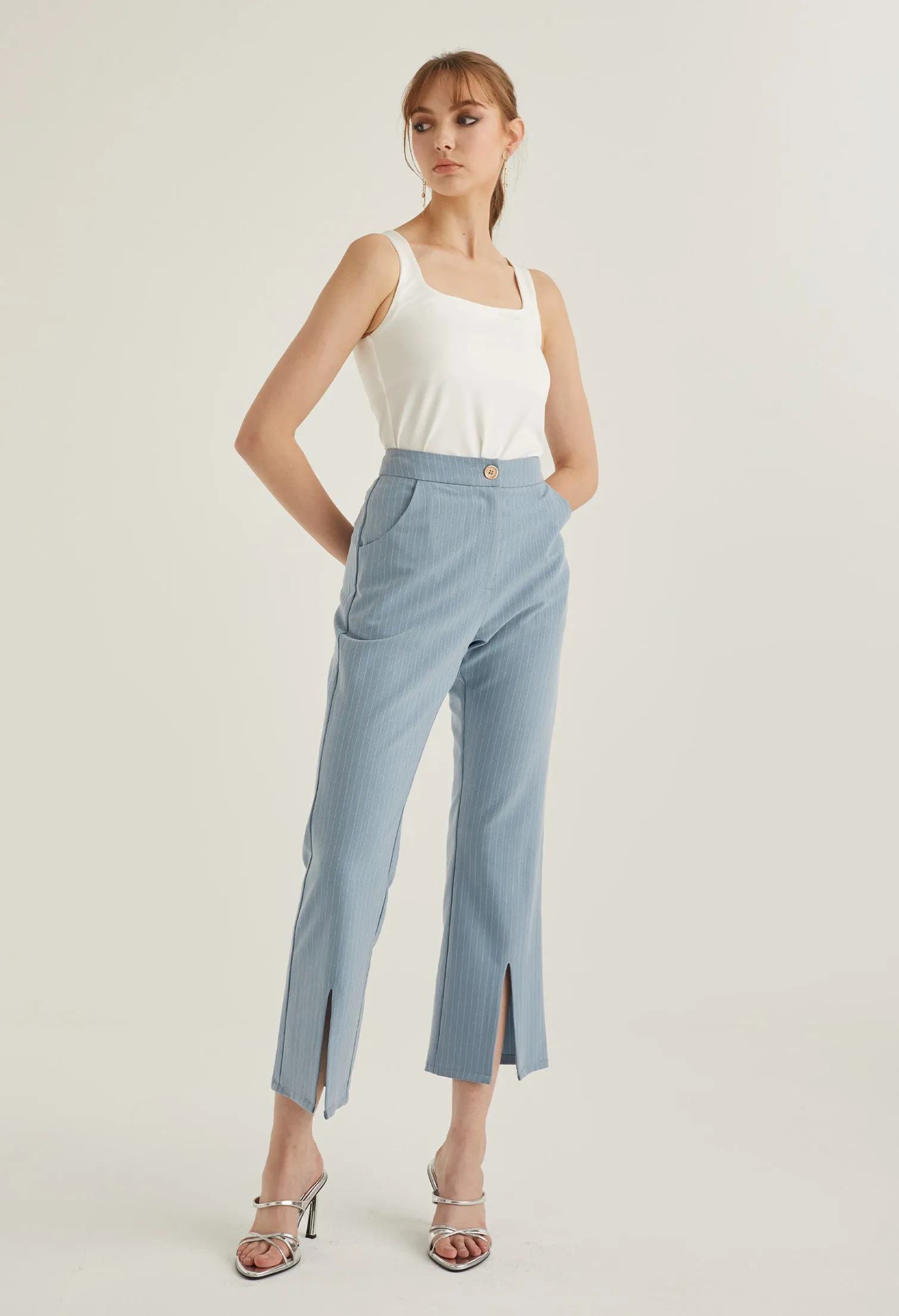 Front Slit Striped Smart Trousers