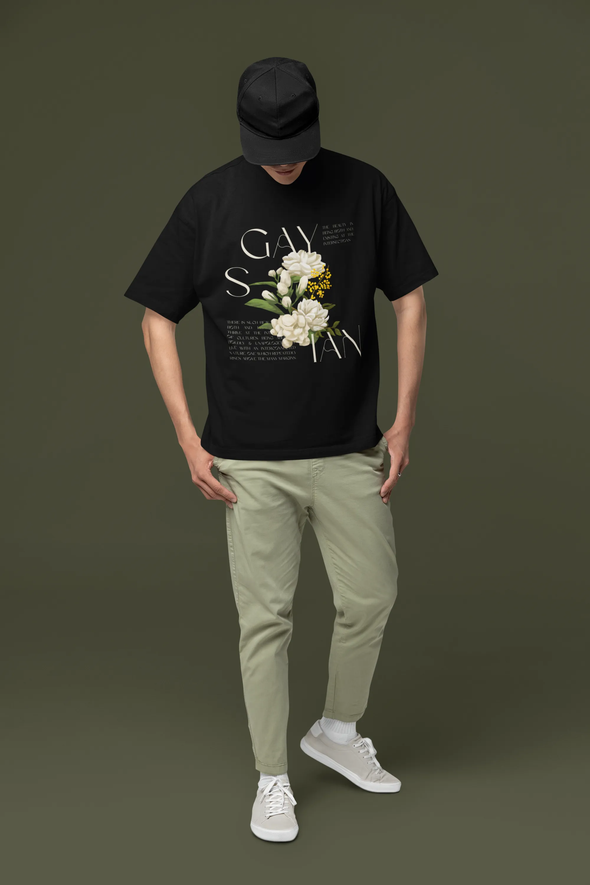 Gaysian Graphic T-Shirt Asian and Gay Pride Tee Vintage Flowers on Black Oversize Deep Drop Shoulder Tee - 190 GSM