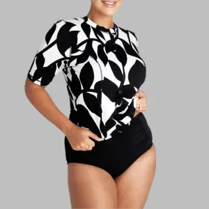 Genevieve Swimwear Chlorine Resistant Foliage Zip Front 3/4 Sleeve Rash Top