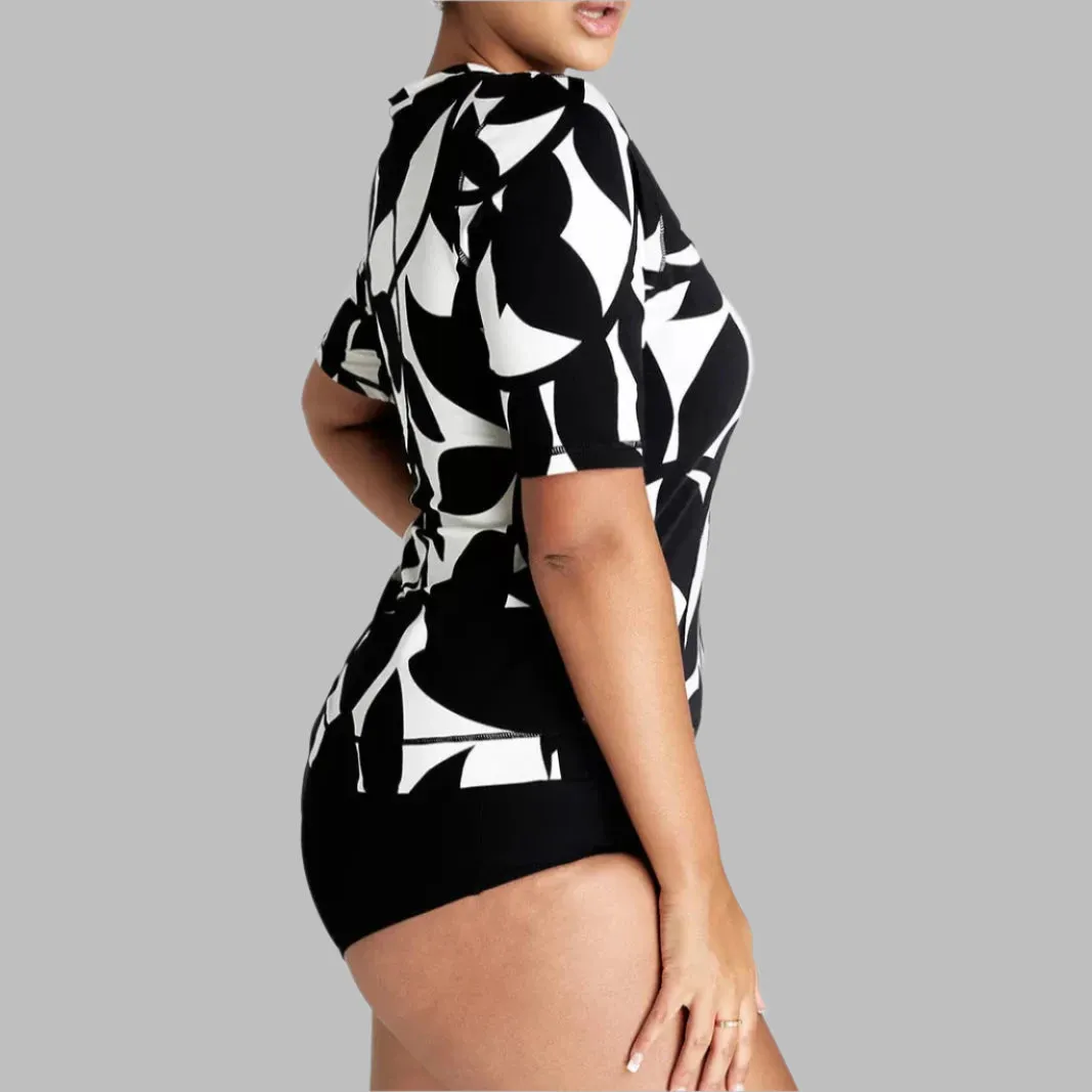 Genevieve Swimwear Chlorine Resistant Foliage Zip Front 3/4 Sleeve Rash Top