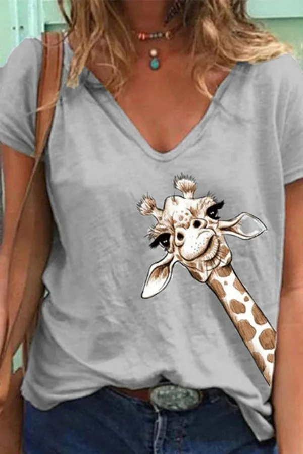 Giraffe Printing V Neck T-shirt