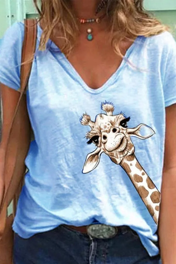 Giraffe Printing V Neck T-shirt