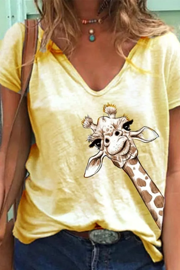 Giraffe Printing V Neck T-shirt