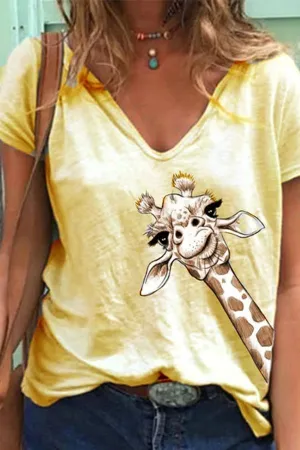 Giraffe Printing V Neck T-shirt
