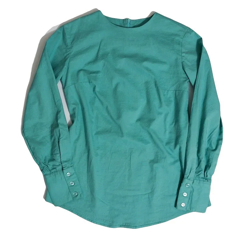 Green Cotton Long Sleeves Round Neck Loose Top | ALPHONSINA