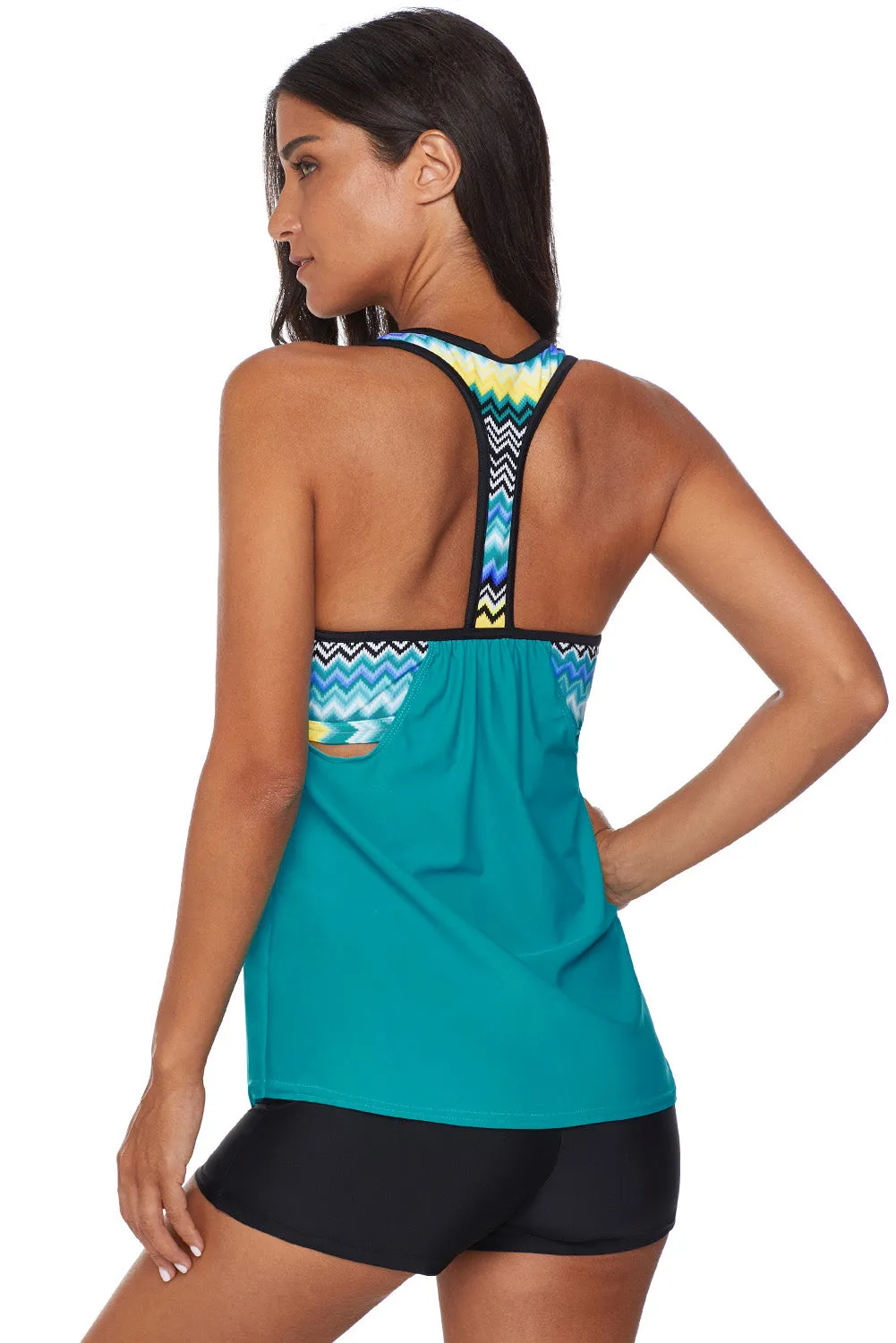 Green Print Insert Racerback Short Sport Tankini Set