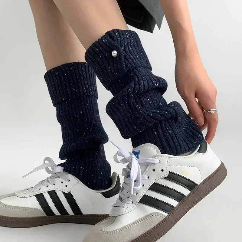 Harajuku Pearl Mid-Calf Leg Warmers – Thick Wool Knit Ankle Covers for Winter
