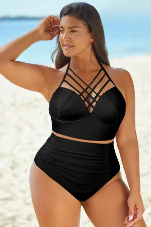 Hazel Blues® |  Halter Neck Crisscross Ruched Two-Piece Swimsuit