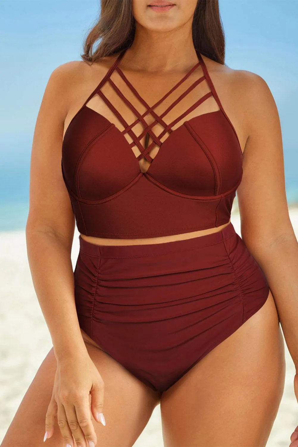 Hazel Blues® |  Halter Neck Crisscross Ruched Two-Piece Swimsuit