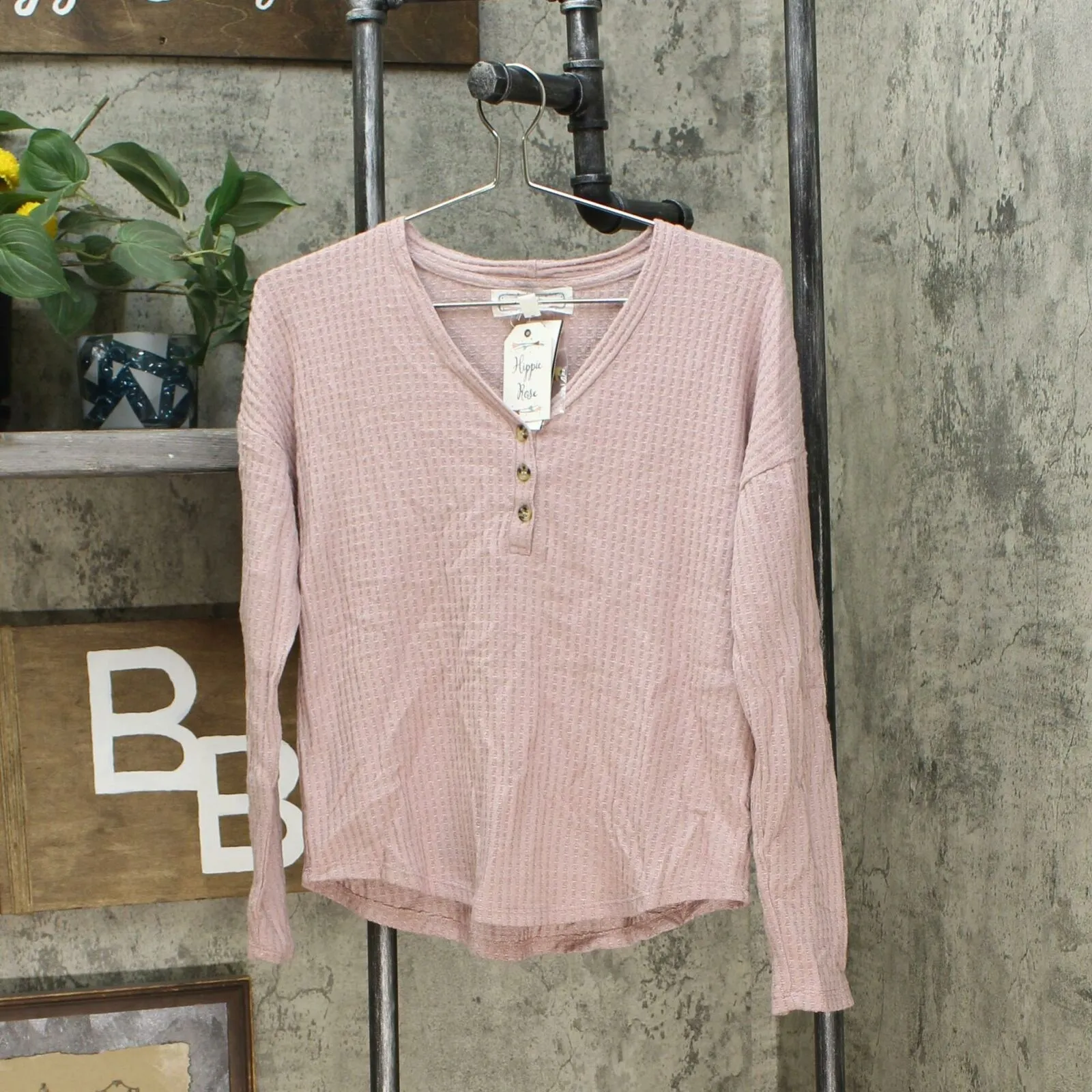 Hippie Rose Women's Waffle Knit V-Neck Henley Shirt