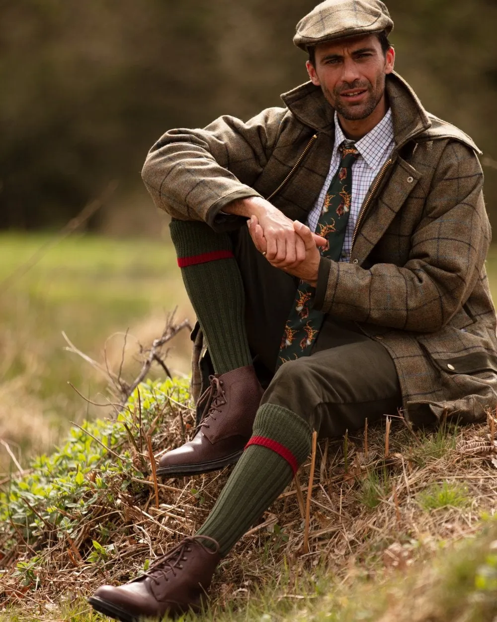 HOUSE OF CHEVIOT Estate Shooting Socks - Mens - Spruce & Brick Red