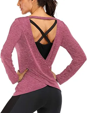 ICTIVE Long Sleeve Workout Shirts for Women Loose fit Workout Tops for Women Backless Summer Long Sleeve Shirts for Women Yoga Shirts Athletic Shirts Gym Tops Running Shirts Rose M