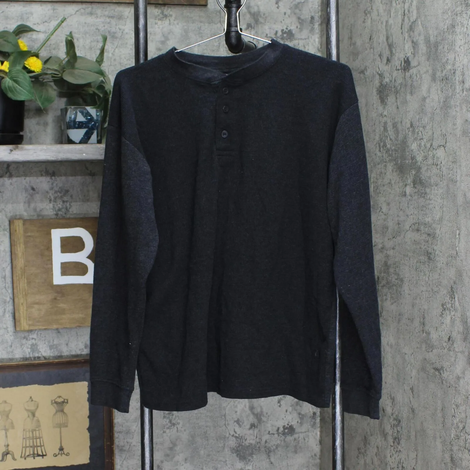 Ike by Ike Behar Henley Thermal Waffle Knit Long Sleeve Shirt Charcoal Black L