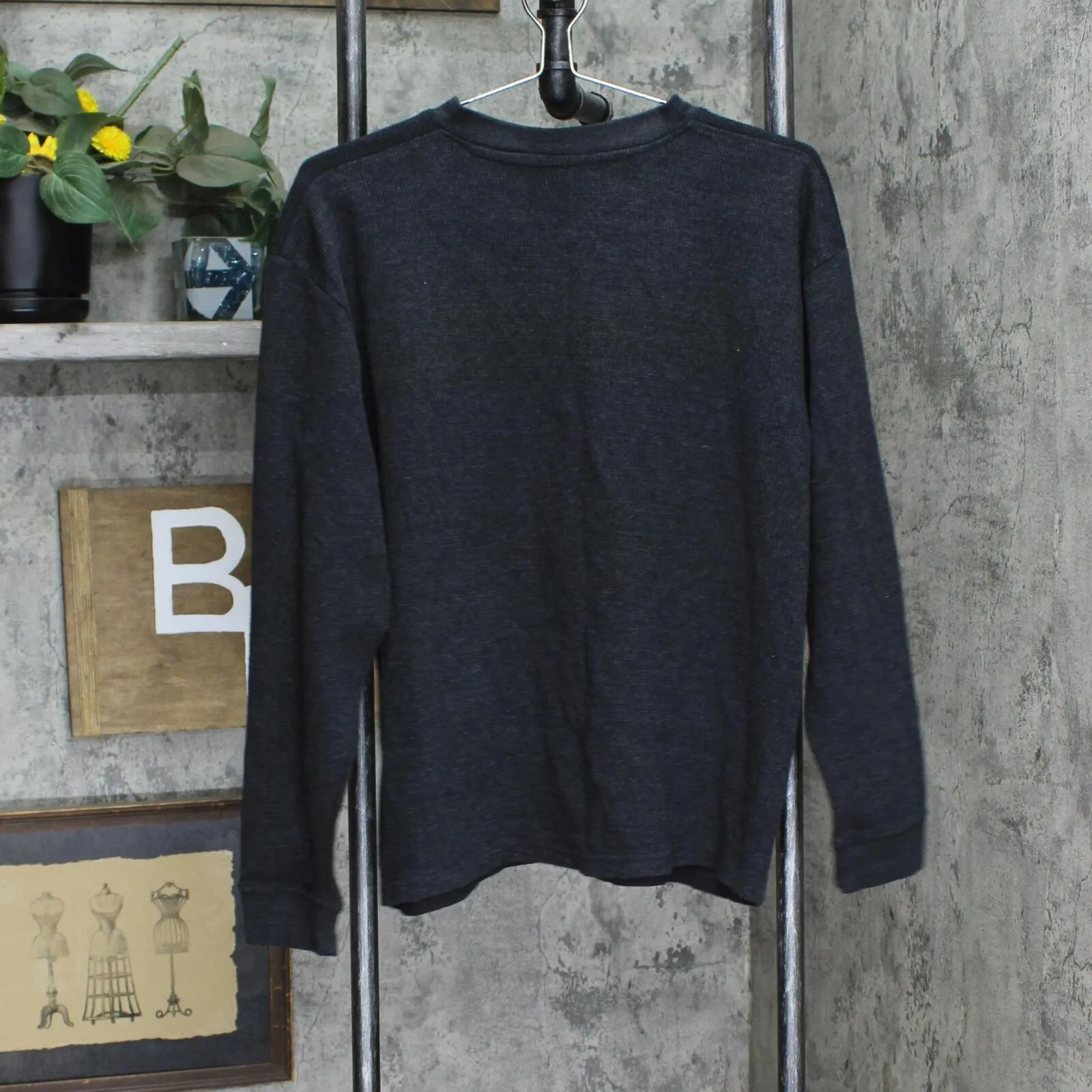Ike by Ike Behar Henley Thermal Waffle Knit Long Sleeve Shirt Charcoal Black L