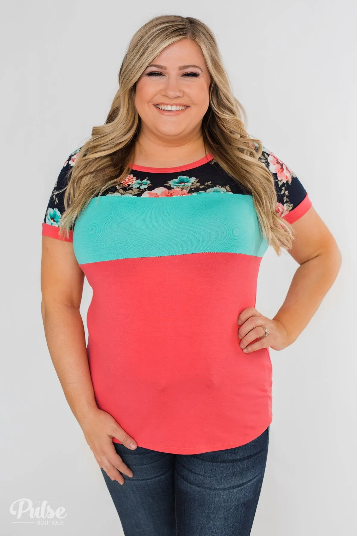 Illuminate The Room Floral Color Block Top- Dark Pink & Navy