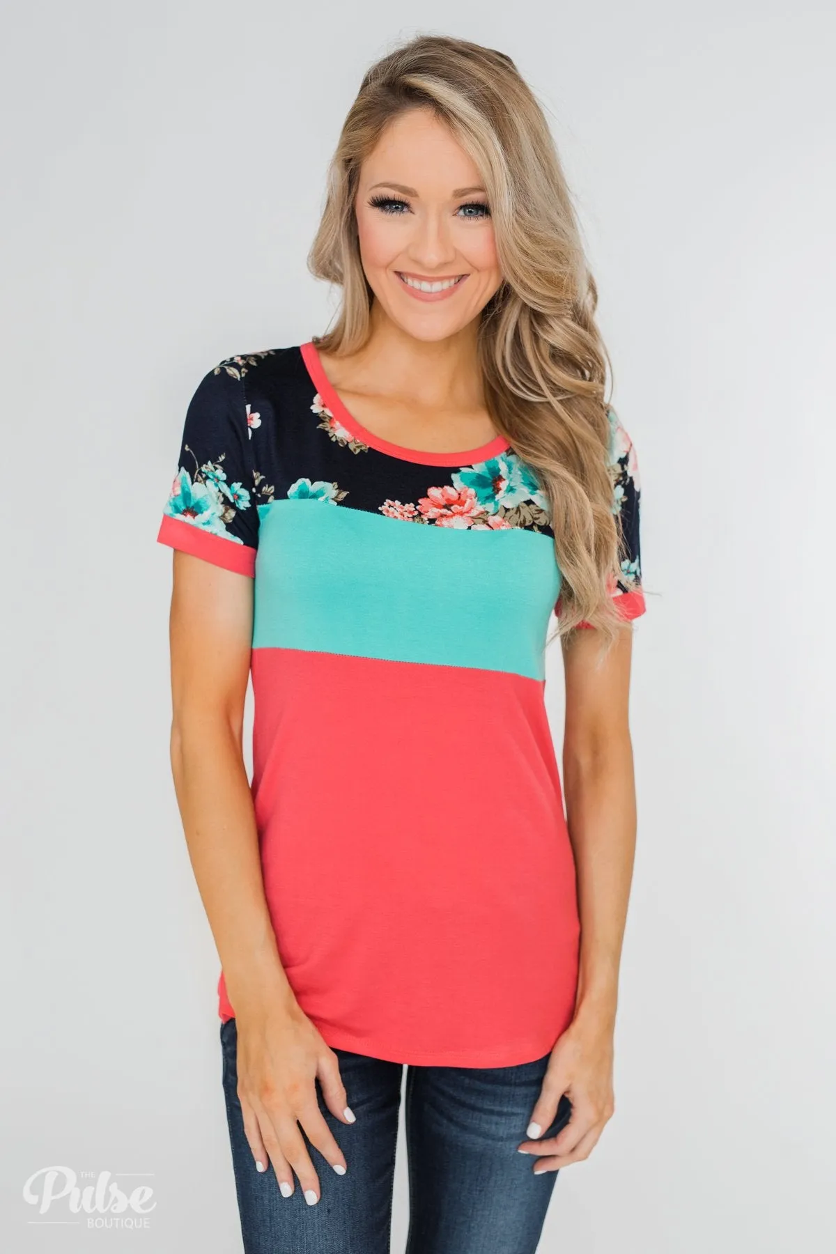 Illuminate The Room Floral Color Block Top- Dark Pink & Navy